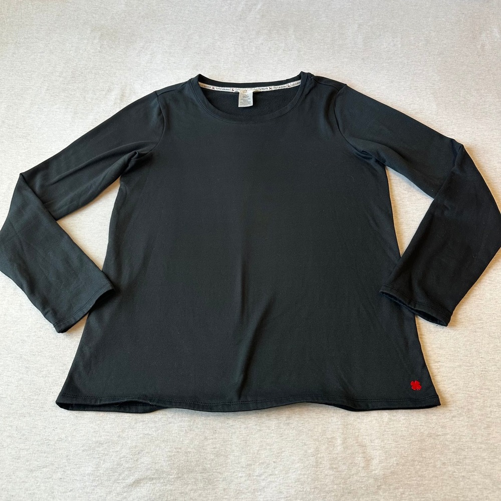 Lucky Brand Womens Black Fleece Lined Long Sleeve Top Crew Neck Clover Logo L‎